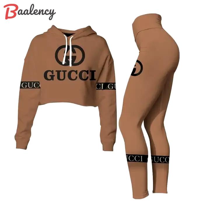 Gucci brown luxury brand clothes leggings and crop top set for women Croptop Hoodie Legging Set