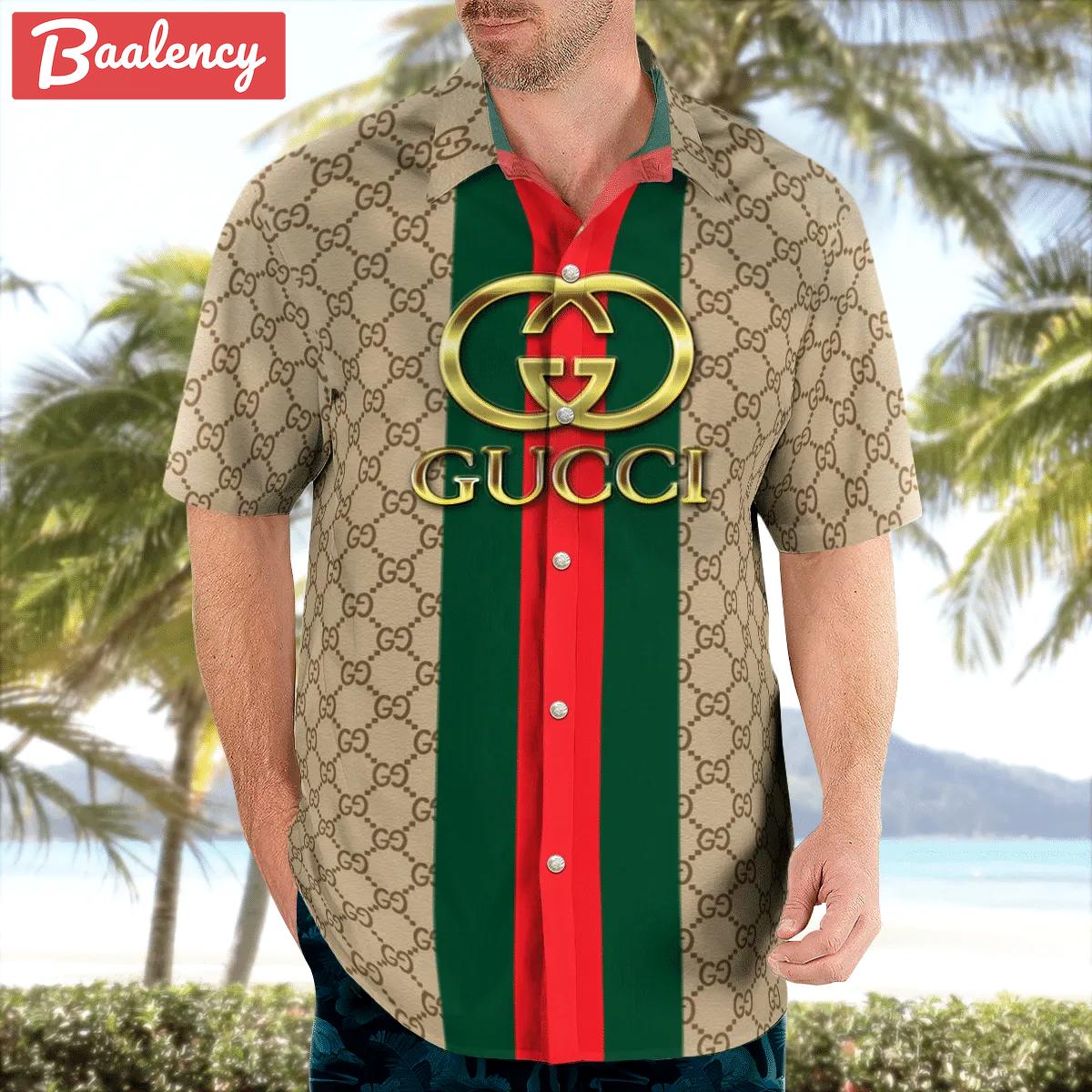 Gucci cream stripes luxury brand premium fashion hawaii shirt for men 34 Hawaii Shirt