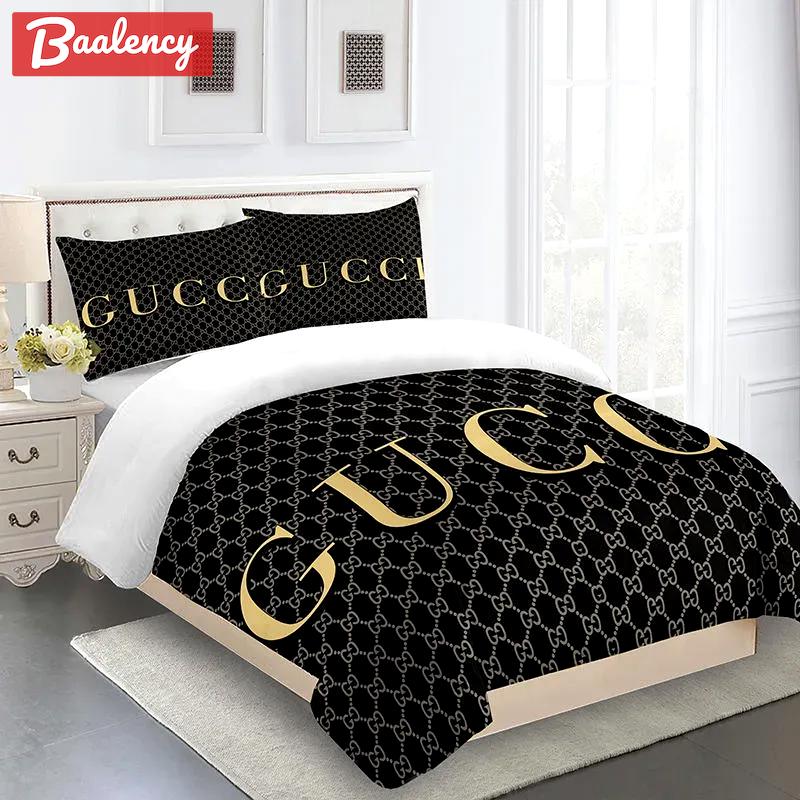 Gucci fashion logo limited luxury brand bedding sets, bedroom decor , thanksgiving decorations for home 01 best luxury bed sets gift thankgivings and christmas Bedding Sets