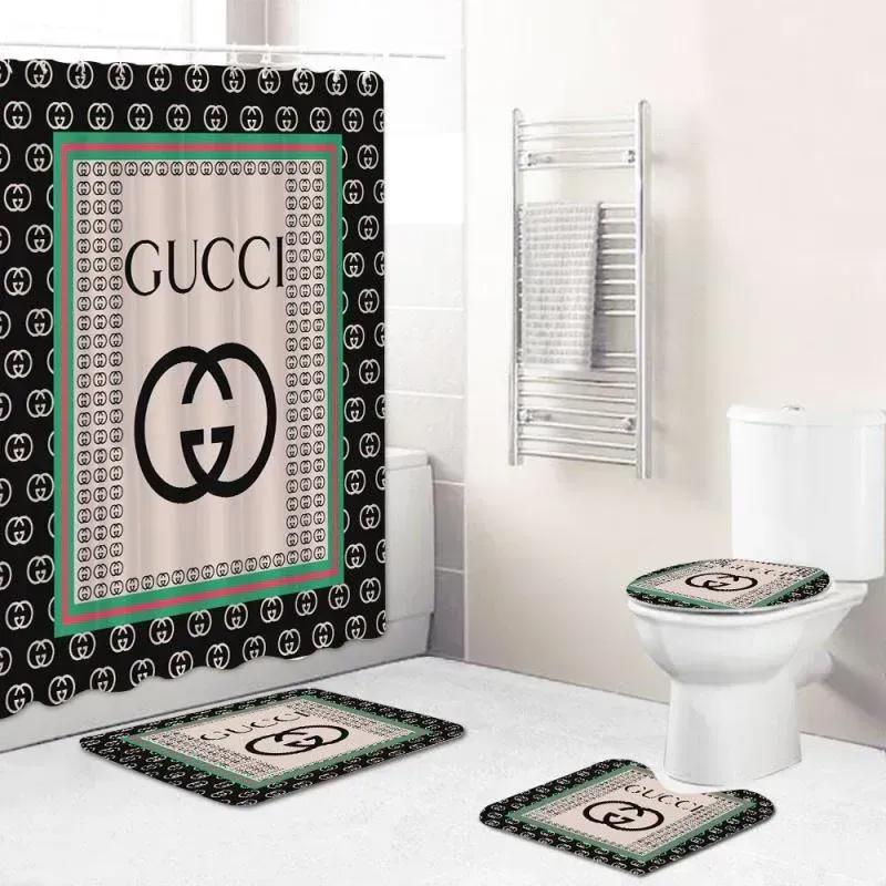 Gucci logo type 640 Bathroom Accessory Sets Pedestal Rug Waterproof Shower Curtain Toilet Cover Bath Mat Set Home Decor Bathroom Sets Hypebeast Bathroom Luxury Fashion Brand