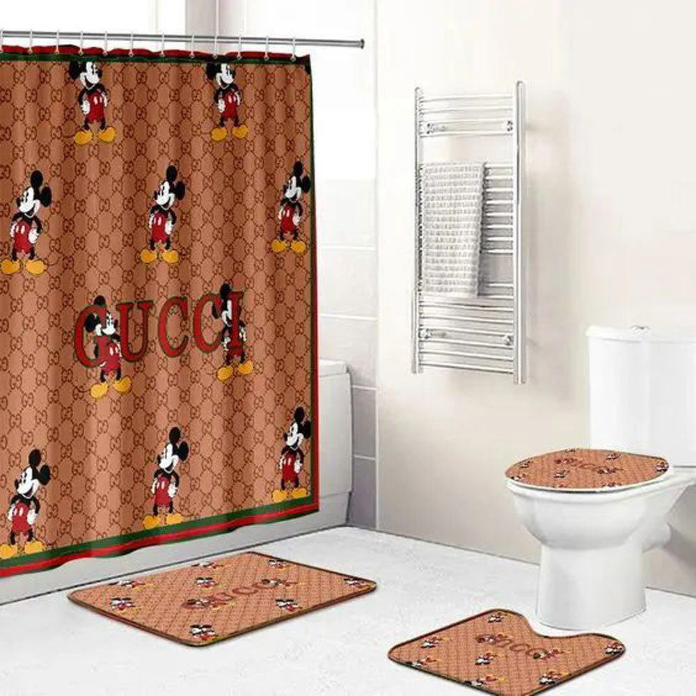Gucci mickey mouse disney logo type 1975 Bathroom Accessory Sets Luxury Fashion Brand Bathroom Sets Pedestal Rug Bath Mat Set Hypebeast Bathroom Toilet Cover Waterproof Shower Curtain Home Decor