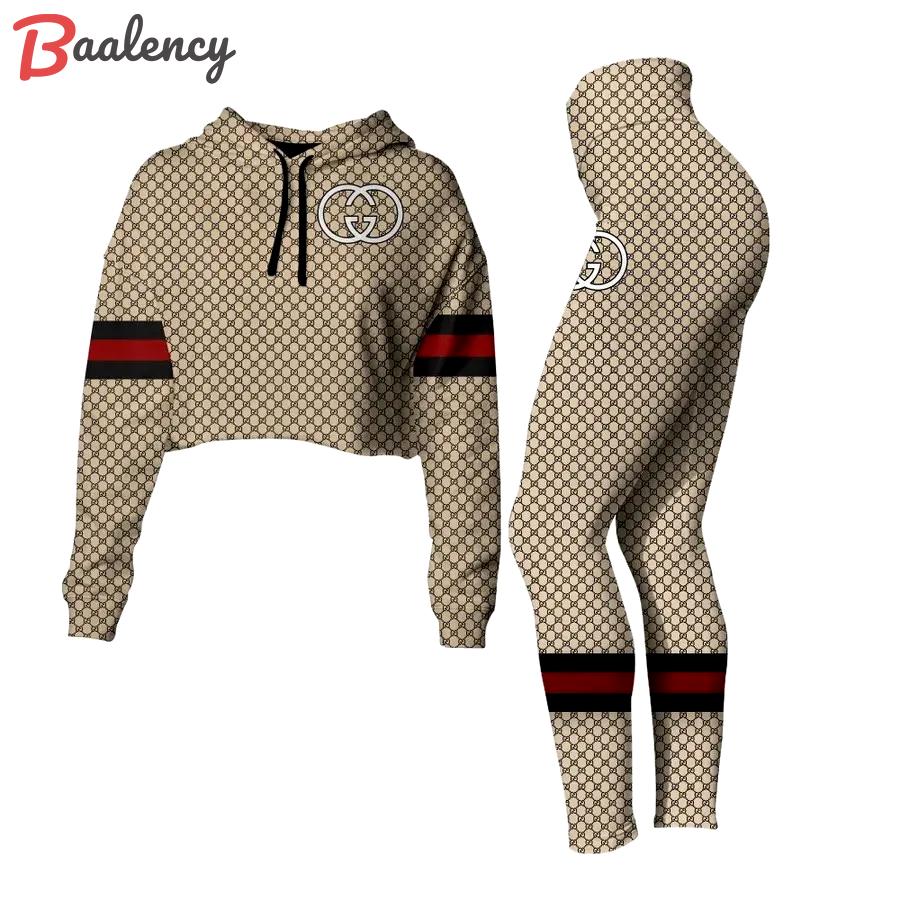 Gucci monogram luxury brand clothes premium leggings and crop top set for women Croptop Hoodie Legging Set
