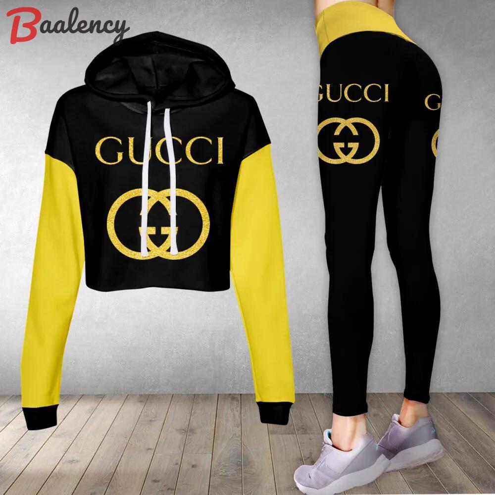 Gucci yellow black luxury brand clothes leggings and crop top set for women Croptop Hoodie Legging Set