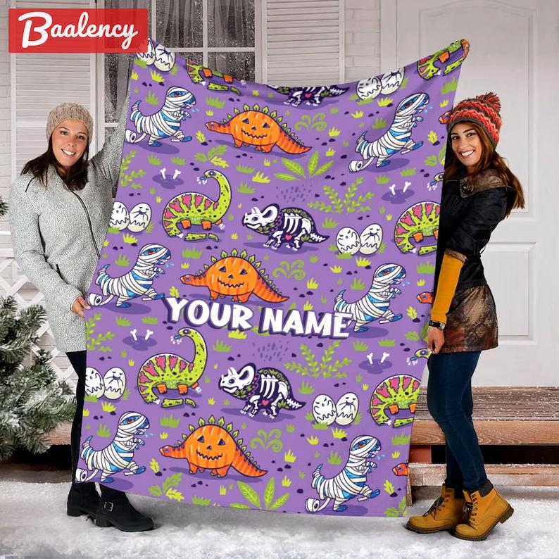 Halloween decorations custom name dinosaur halloween blanket, mummy dinosaur blanket, pumpkin  halloween blanket, thanksgiving blanket, fall season blanket Quilt Blanket