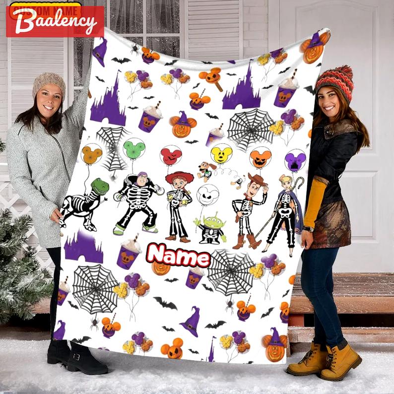 Halloween decorations custom name toy story halloween blanket, skeleton toy story fleece blanket christmas gift, anniversary gift, mickey ear halloween blanket Quilt Blanket