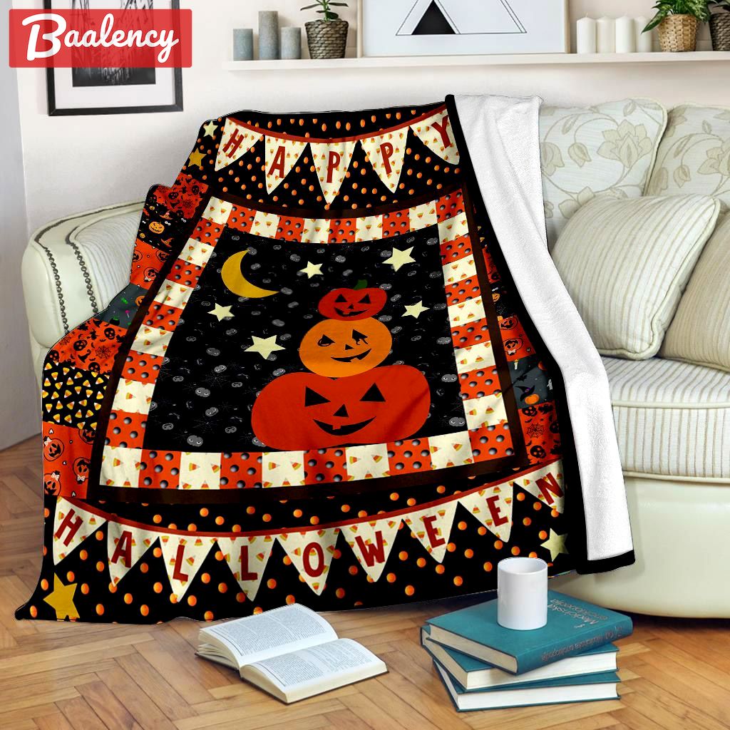 Halloween decorations happy halloween – pumpkins under the moon fleece blanket – quilt blanket Quilt Blanket