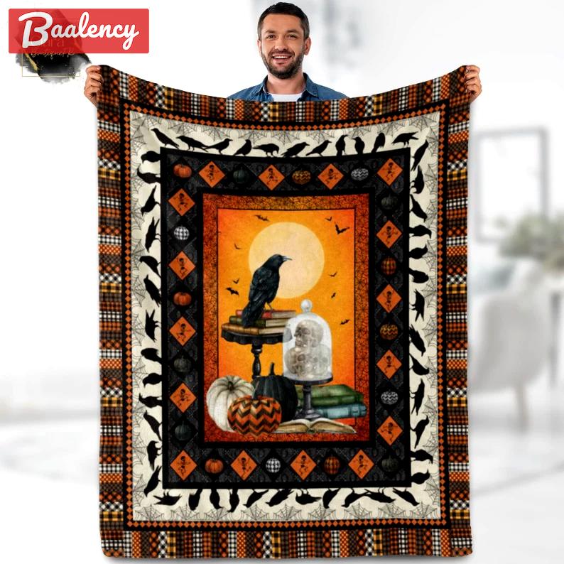 Halloween decorations haunted black crow spider webs skull pumpkin fleece blanket, mink sherpa blanket, halloween blanket, black crow quilt, halloween crow quilt Quilt Blanket