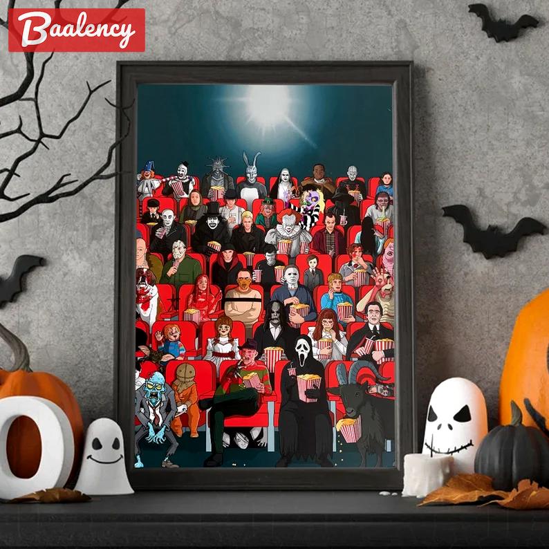 Halloween decorations horror characters watching movie poster/ canvas, horror movie halloween wall art home decor poster, spooky season, halloween party Quilt Blanket