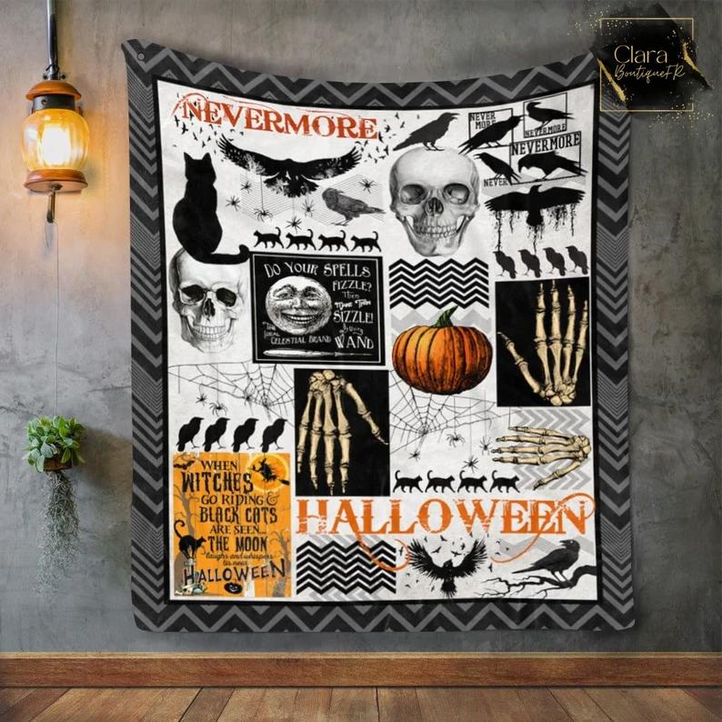 Halloween decorations nevermore black cats and raven halloween fleece blanket, mink sherpa blanket, black cat blanket, halloween quilt Quilt Blanket