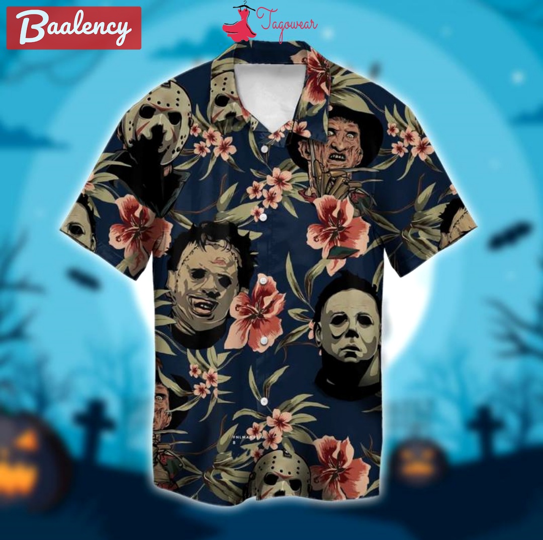 Halloween michael myers jason voorhees freddy krueger leatherface combo hawaiian shirt, beach shorts luxury summer clothes style #454 Hawaii Shirt Shorts & Flip Flops