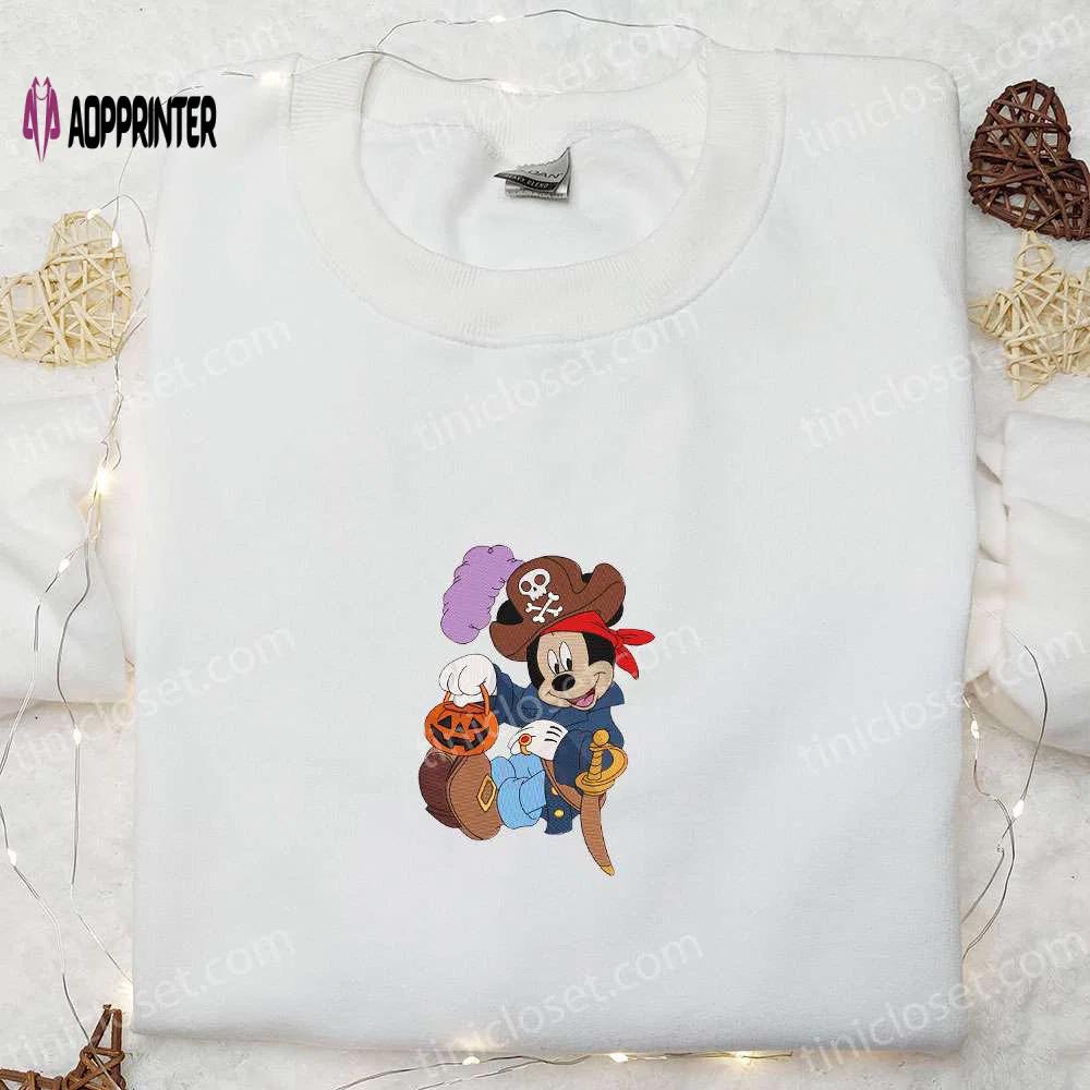 Halloween pirate mickey shirt: disney embroidered with pumpkin lantern – adorable & spooky Embroidered Shirt
