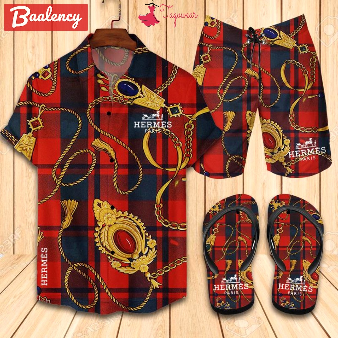 Hermes flip flops and combo hawaiian shirt, beach shorts luxury summer clothes style #361 Hawaii Shirt Shorts & Flip Flops
