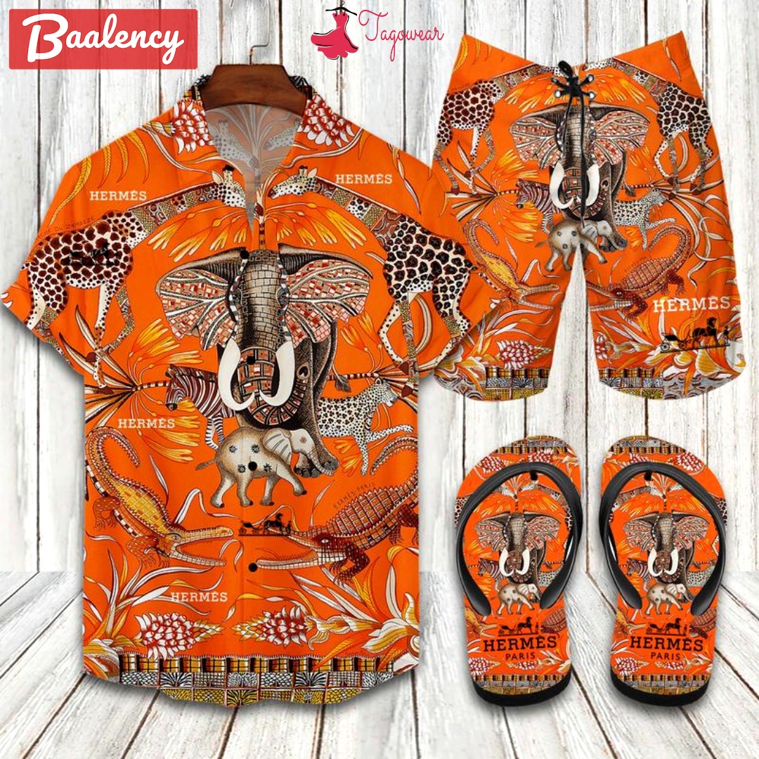 Hermes flip flops and combo hawaiian shirt, beach shorts luxury summer clothes style #491 Hawaii Shirt Shorts & Flip Flops