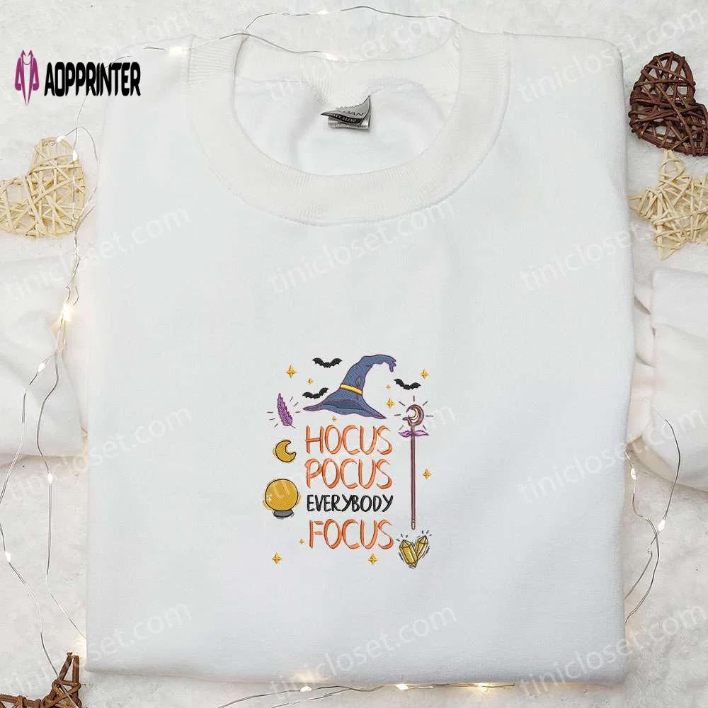 Hocus pocus everybody focus: vintage halloween embroidered sweatshirt & hoodie – best family halloween gifts Embroidered Shirt