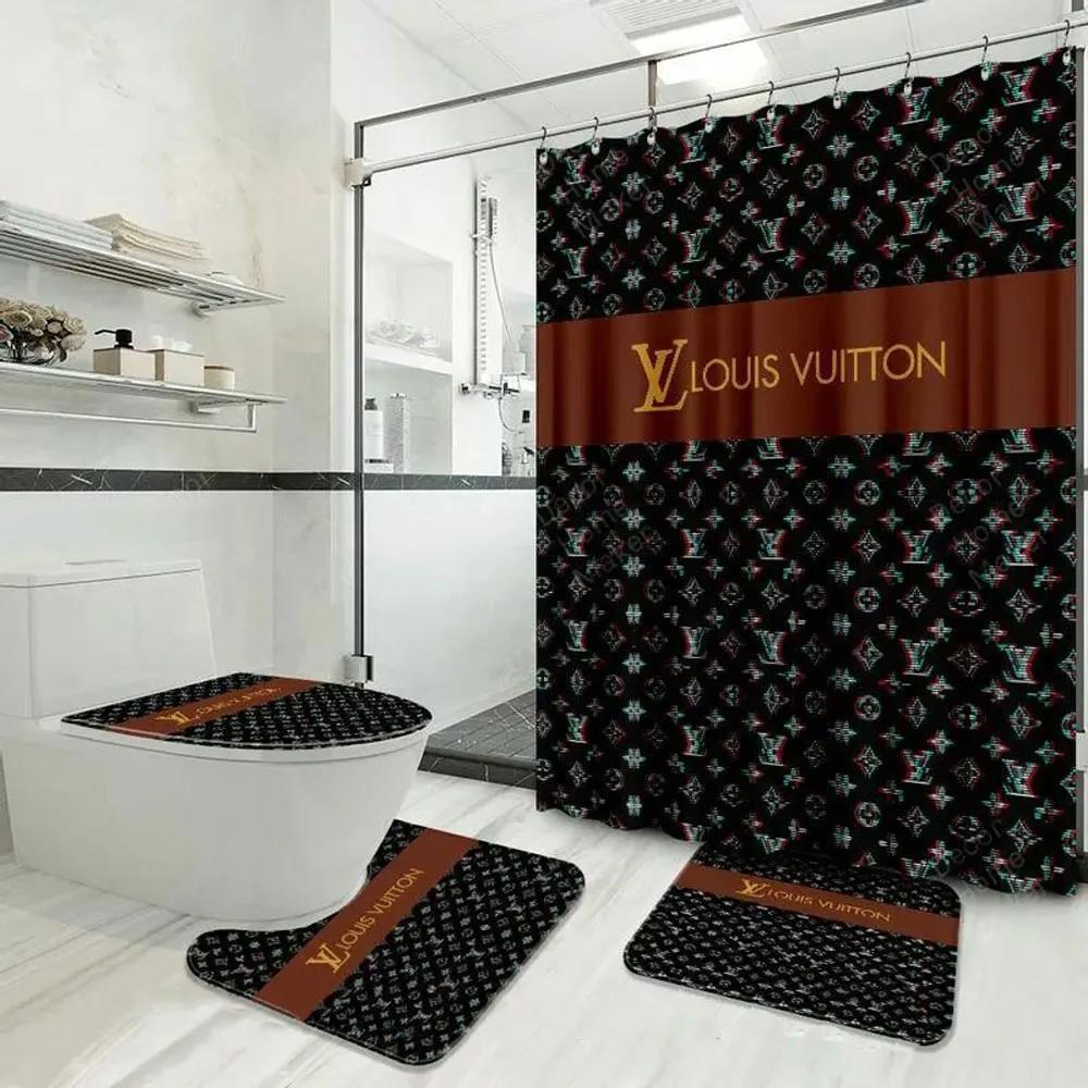 Louis vuitton black monogram fashion bathroom set luxury shower curtain bath rug mat home decor Bathroom Set