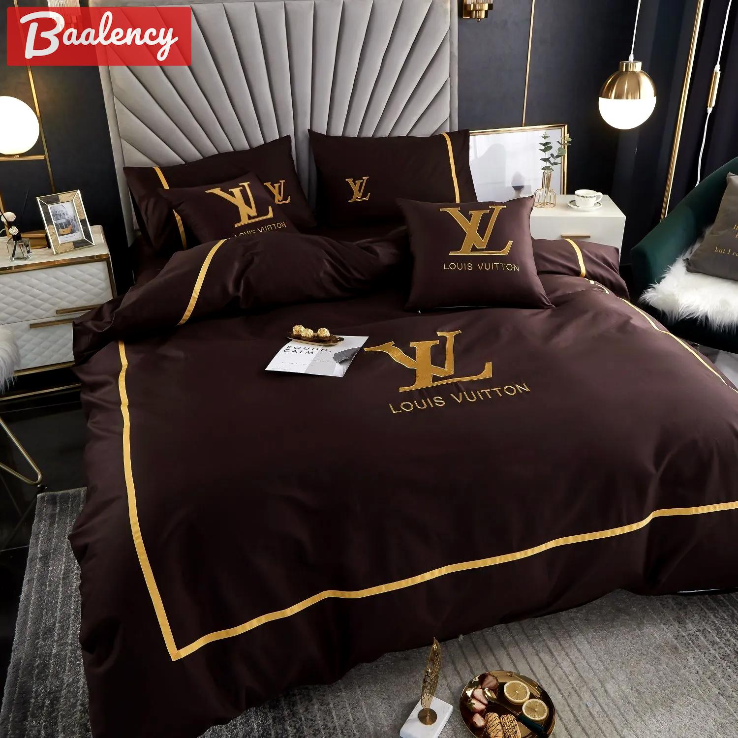 Louis vuitton brown and golden logo brand bedding sets bedspread duvet cover set, bedroom decor , thanksgiving decorations for home Bedding Sets
