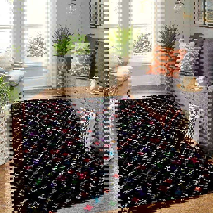 Louis vuitton colorful logo type 677. Upgrade Your Living Room with Luxury Home Decor: Area Carpets, Floor Decor, Door Mats, and Hot Gift Items with style a High-End Fashion Brand Rectangle Rug