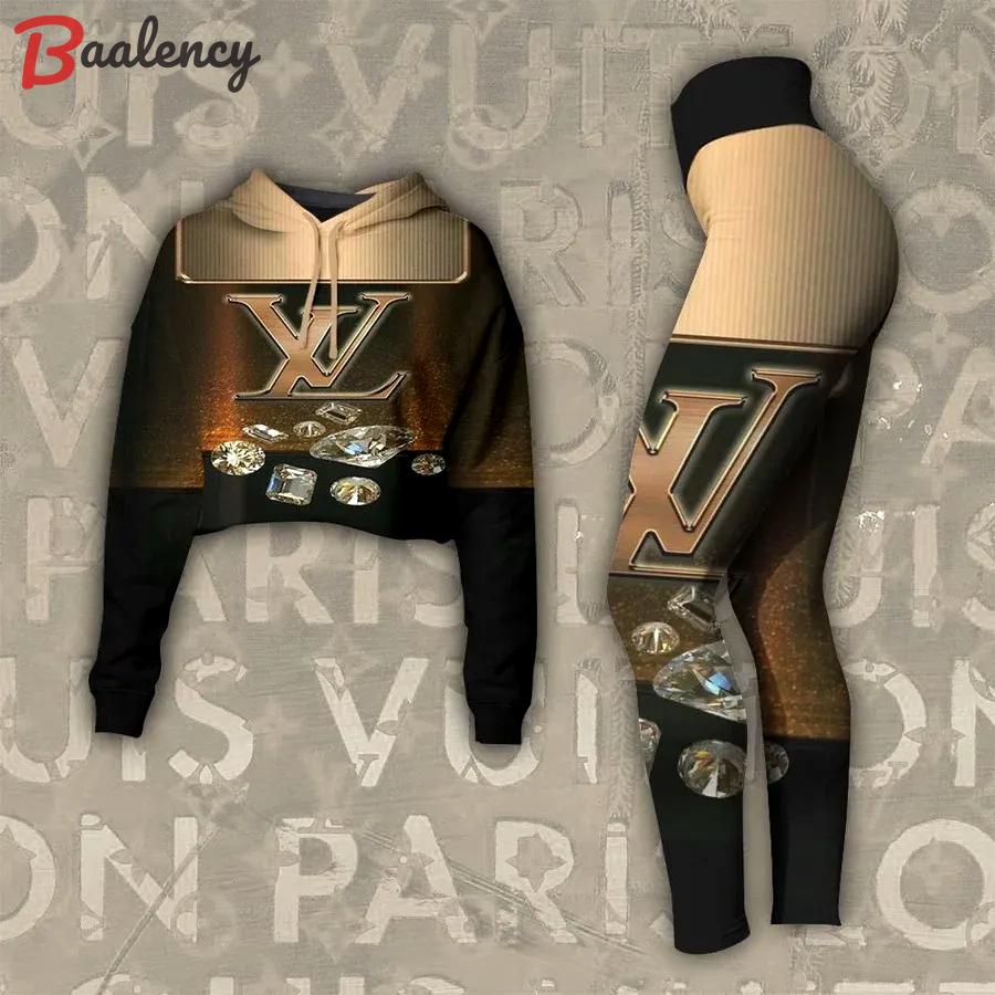 Louis vuitton diamond black luxury brand clothes leggings and crop top set for women Croptop Hoodie Legging Set