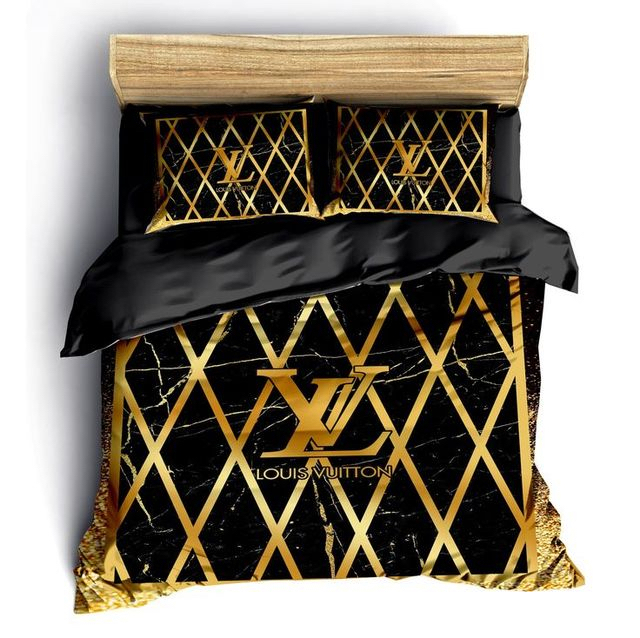 Louis vuitton golden black logo type 89 Bedding Sets home decor bedspread sheets blankets bedclothes luxury ideas bed linen covers duvet hyperbeast Bedroom premium fashion brand