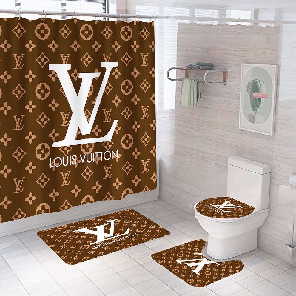 Louis vuitton light brown logo type 1290 Bathroom Accessory Sets Bathroom Sets Waterproof Shower Curtain Bath Mat Set Toilet Cover Luxury Fashion Brand Pedestal Rug Home Decor Hypebeast Bathroom