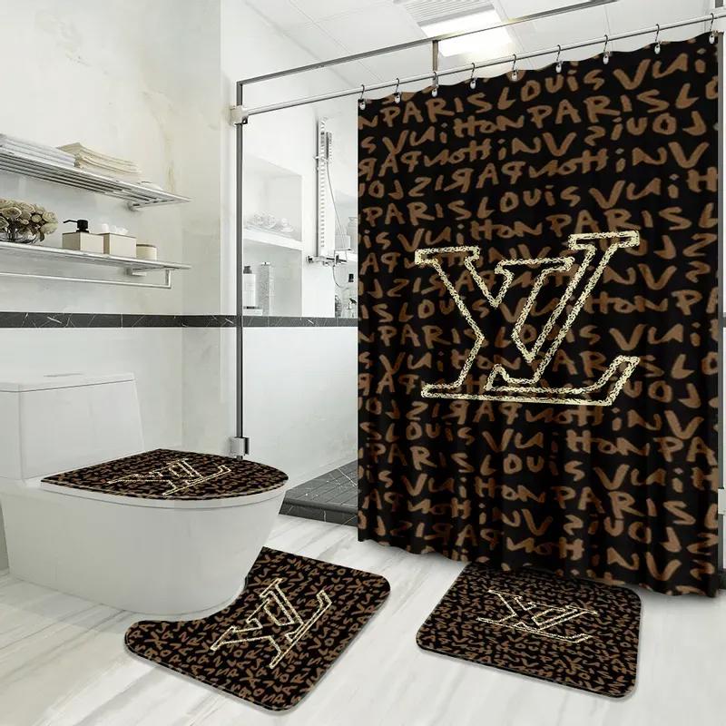 Louis vuitton logo type 1103 Bathroom Accessory Sets Luxury Fashion Brand Home Decor Waterproof Shower Curtain Pedestal Rug Toilet Cover Hypebeast Bathroom Bathroom Sets Bath Mat Set