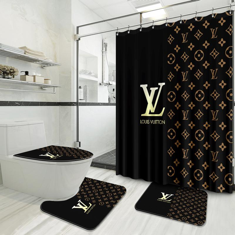 Louis vuitton logo type 1285 Bathroom Accessory Sets Waterproof Shower Curtain Home Decor Bath Mat Set Luxury Fashion Brand Toilet Cover Bathroom Sets Pedestal Rug Hypebeast Bathroom