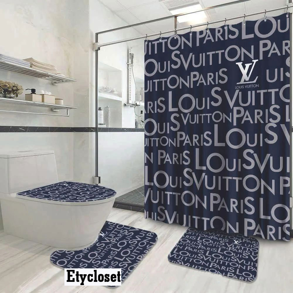 Louis vuitton lv paris blue logo type 1797 Bathroom Accessory Sets Pedestal Rug Bathroom Sets Toilet Cover Home Decor Hypebeast Bathroom Luxury Fashion Brand Bath Mat Set Waterproof Shower Curtain