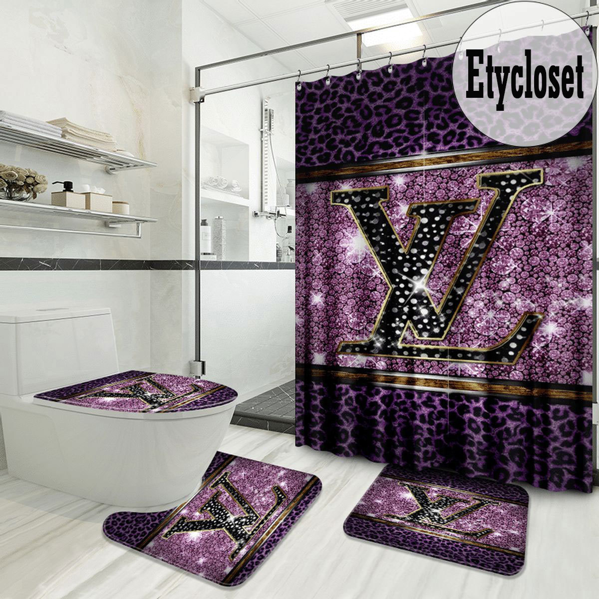 Louis vuitton lv purple leopard hypebeast home decor bathroom sets luxury fashion brand bath mat Bathroom Set