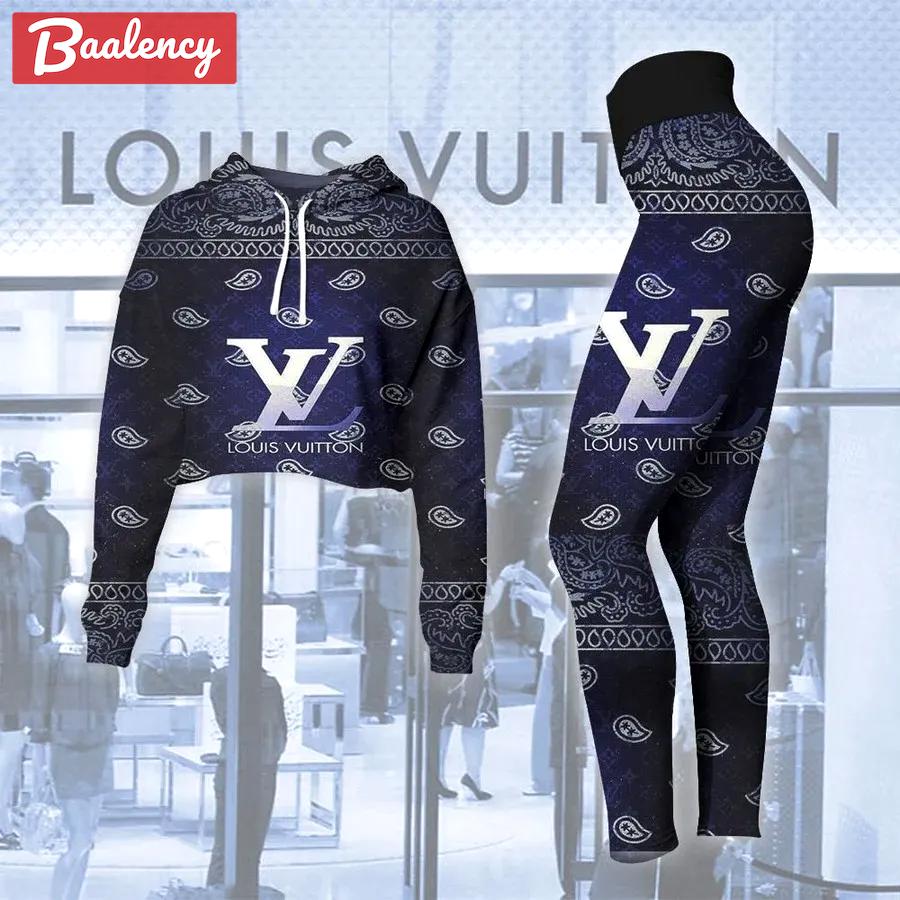 Louis vuitton pattern dark blue luxury brand clothes leggings and crop top set for women Croptop Hoodie Legging Set