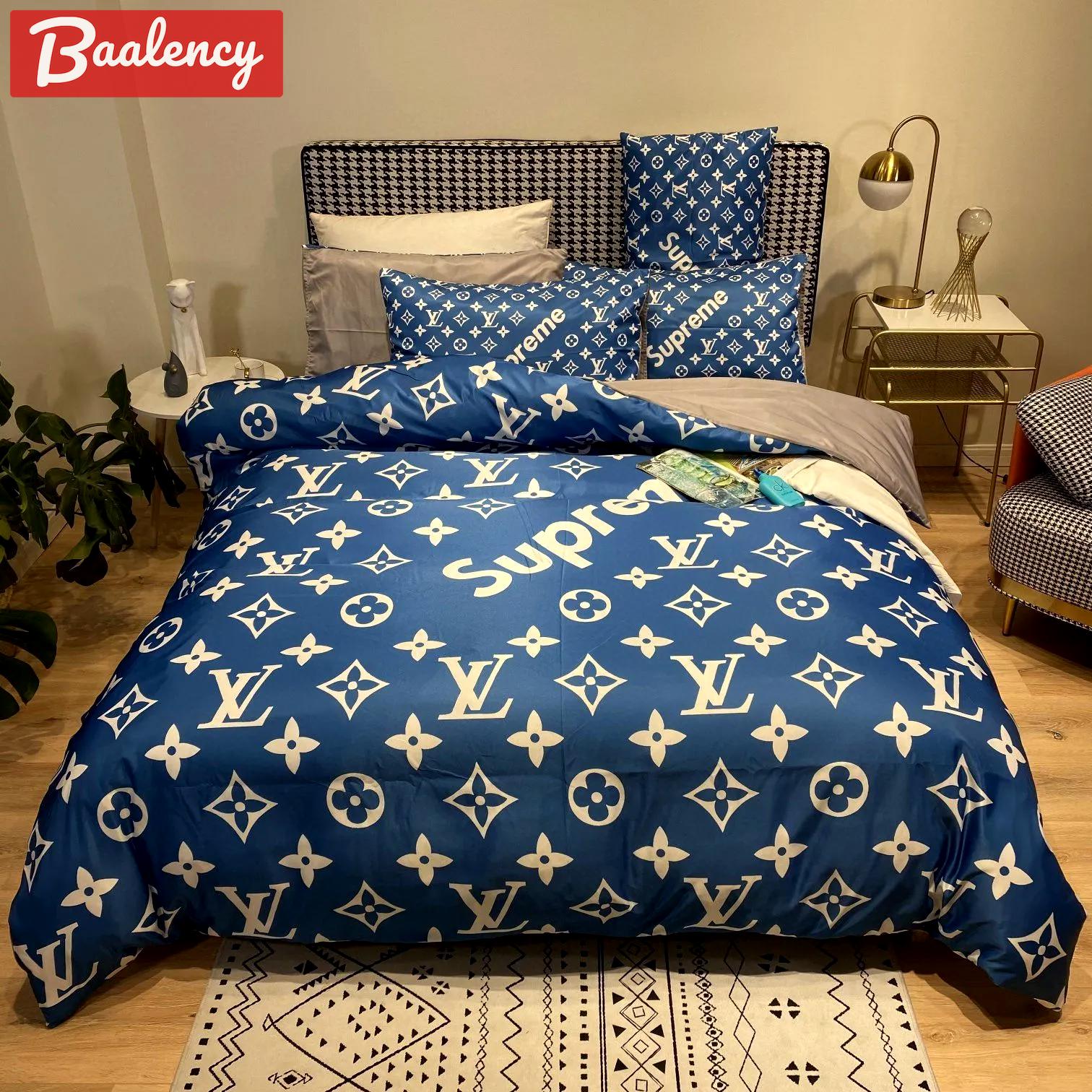 Louis vuitton supreme blue luxury brand bedding sets bedspread duvet cover set, bedroom decor , thanksgiving decorations for home Bedding Sets