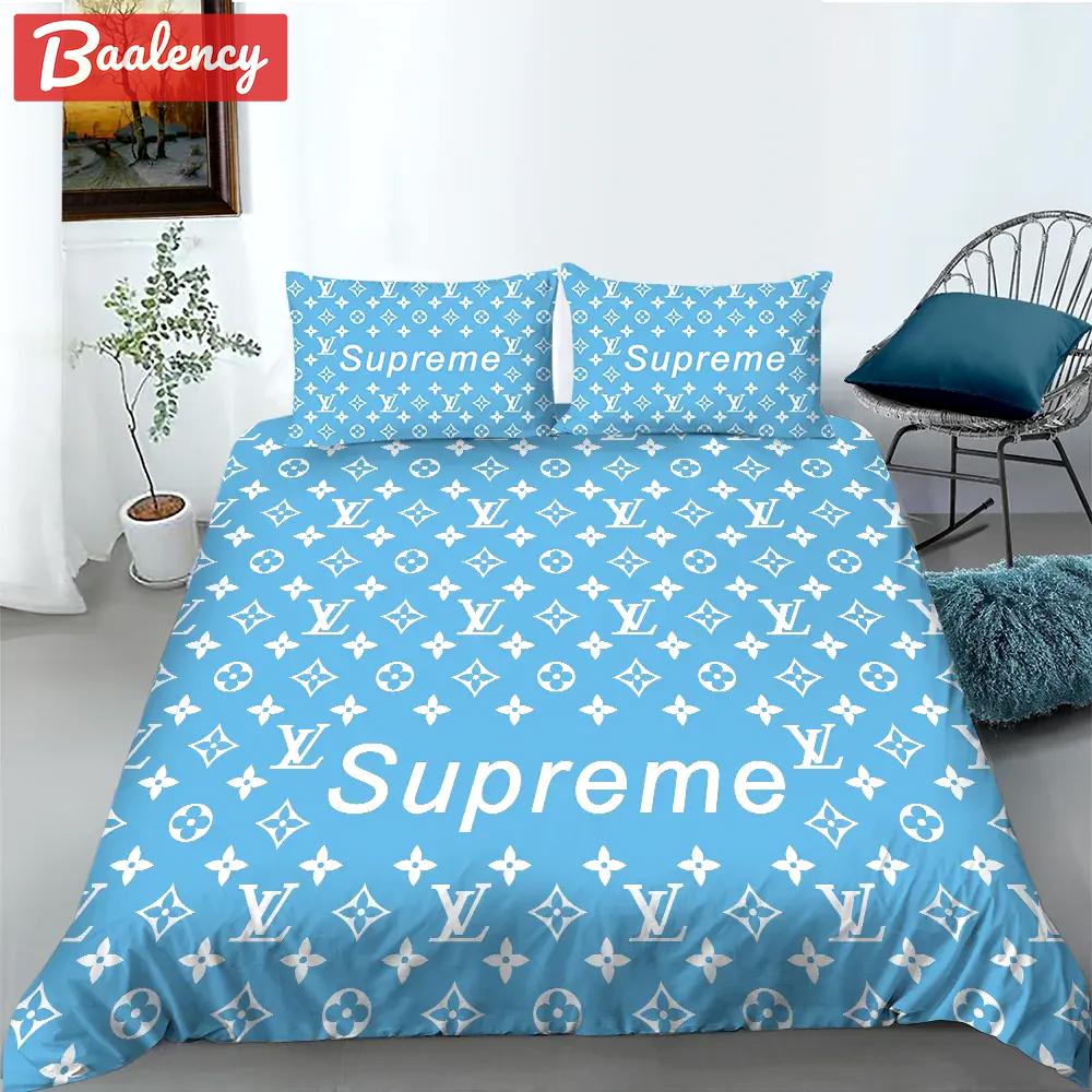 Louis vuitton supreme blue luxury fashion brand bedding sets bedspread duvet cover set best luxury bed sets gift thankgivings and christmas Bedding Sets