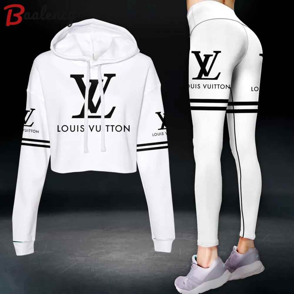 Louis vuitton white luxury brand clothes leggings and crop top set for women Croptop Hoodie Legging Set