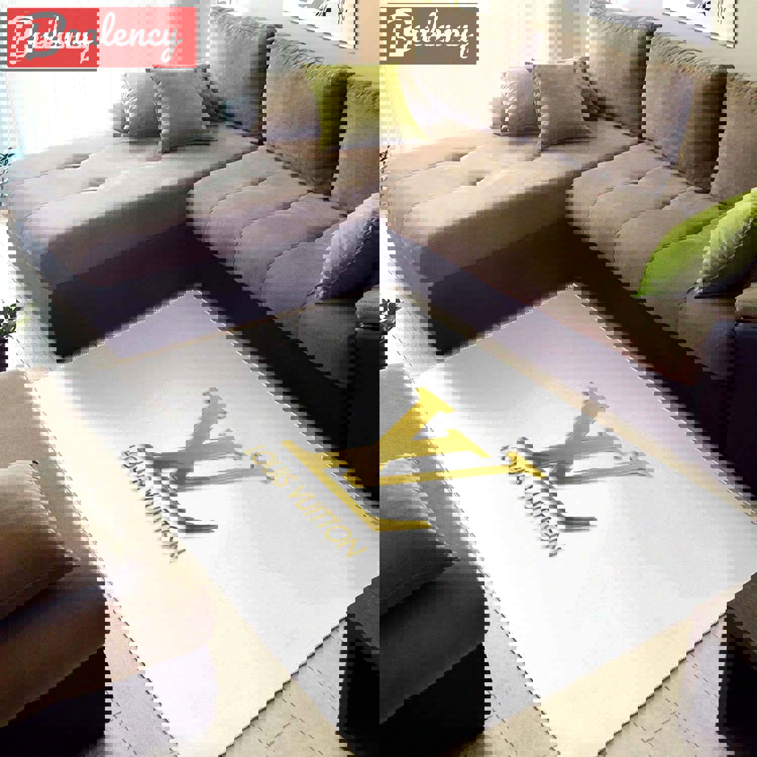 Louis vuitton with gold louis vuitton logo type 73. Upgrade Your Living Room with Luxury Home Decor: Area Carpets, Floor Decor, Door Mats, and Hot Gift Items with style a High-End Fashion Brand Rectangle Rug