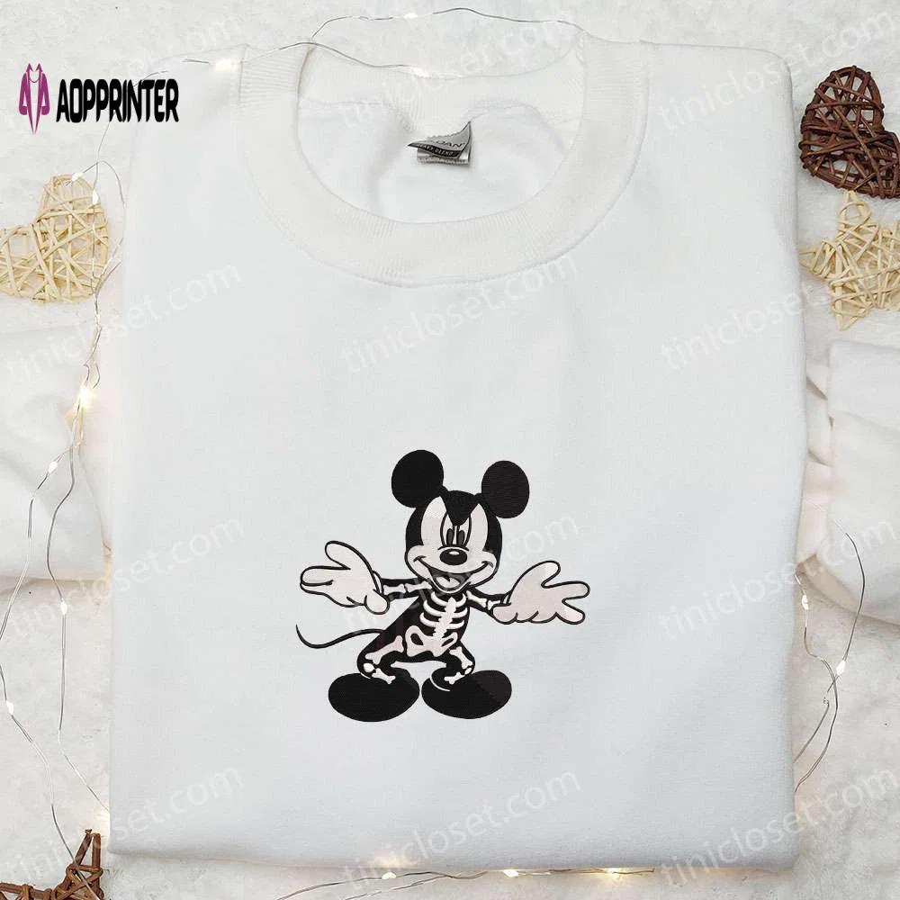 Mickey mouse skeleton halloween embroidered shirt: best disney halloween gift for family Embroidered Shirt