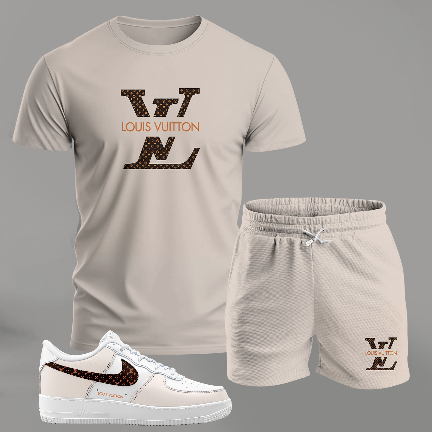 Minimal beige monogram set for men, clean luxury logo t-shirt and shorts combo with matching sneakers
