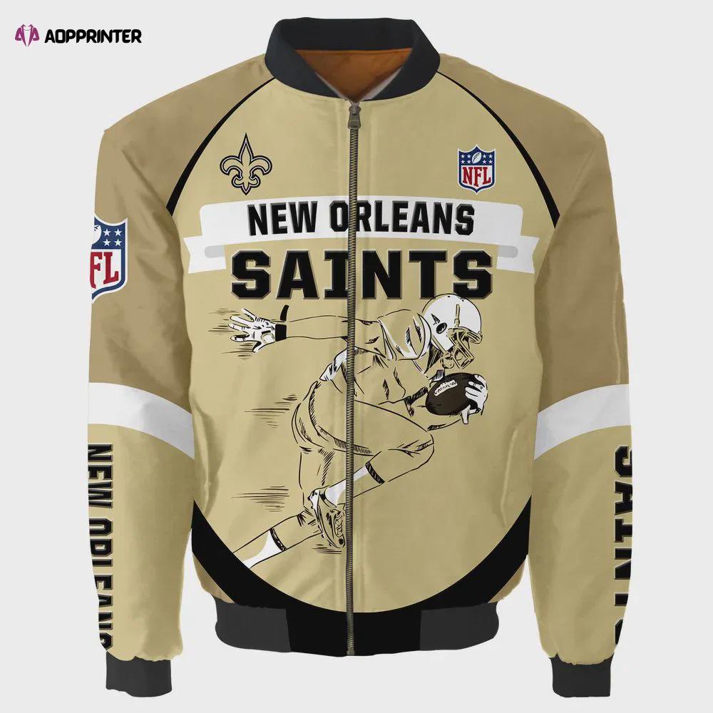 New orleans saints players running logo pattern bomber jacket – yellow Bomber Jacket