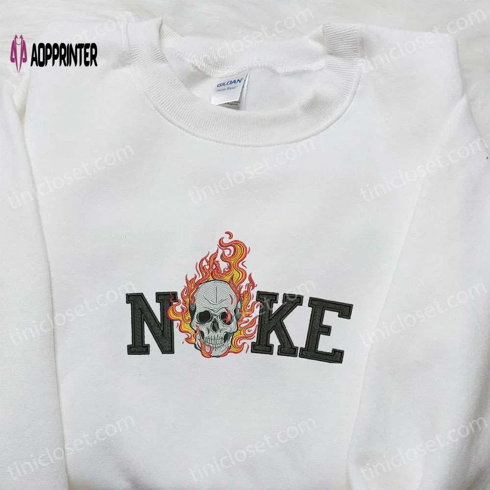 Nike x skull on fire embroidered shirt: best halloween gift for nike fans Embroidered Shirt