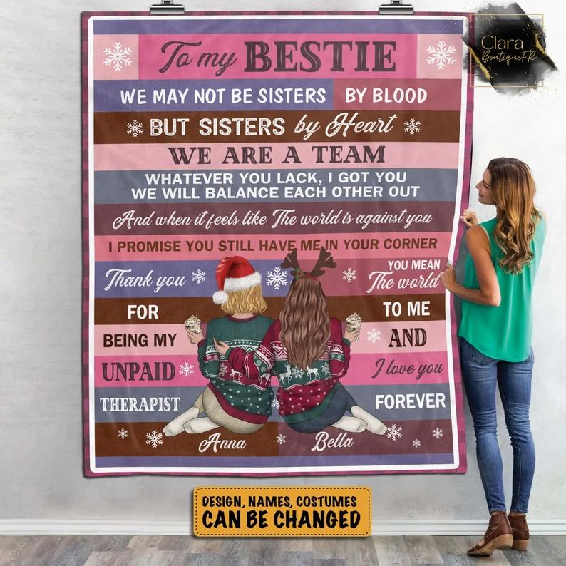 Personalized best friends to my bestie we may not sisters by blood but sisters by heart fleece blanket Quilt Blanket