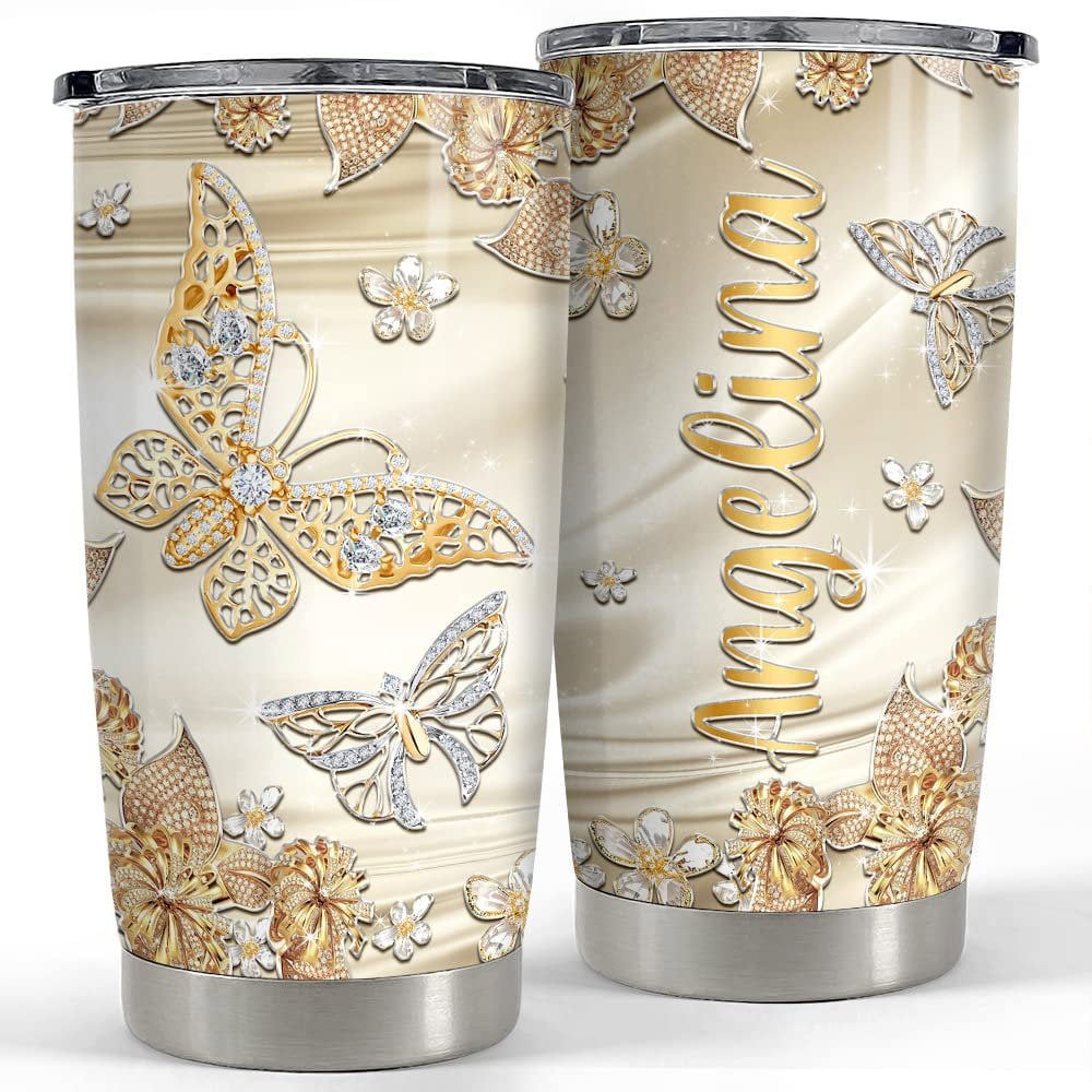 Personalized butterfly tumbler golden sheen jewelry drawing style Personalized Tumbler