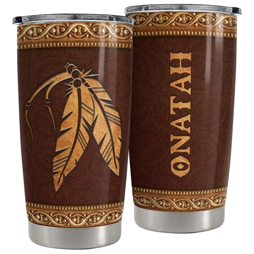 Personalized native american style tumbler leather drawing best gift Personalized Tumbler