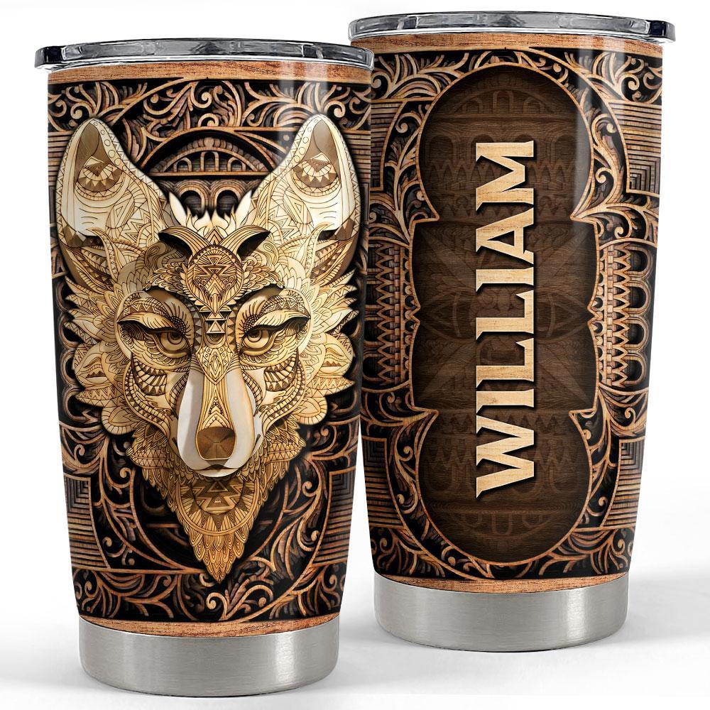 Personalized wolf tumbler with customize name wooden drawing Personalized Tumbler