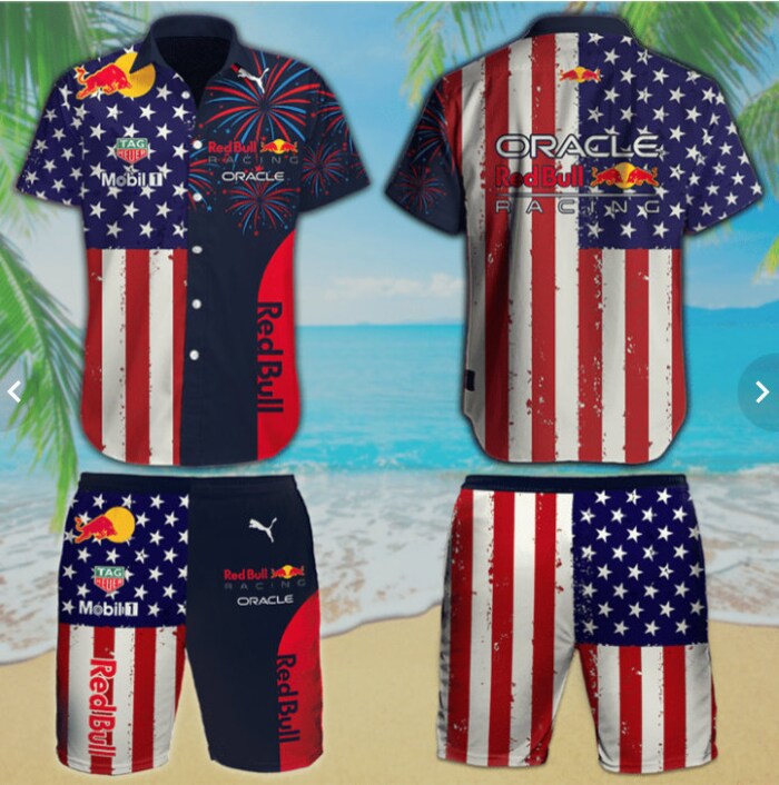 Red bull racing mix flag us hawaiian beach set Hawaii Shirt Shorts & Flip Flops