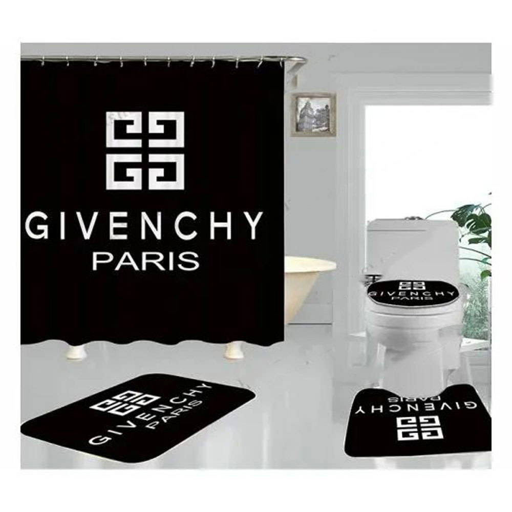 Rugs in living room and bedroom - Givenchy paris black bathroom set hot 2023 luxury shower curtain bath rug mat home decor 299 Bathroom Accessory Sets