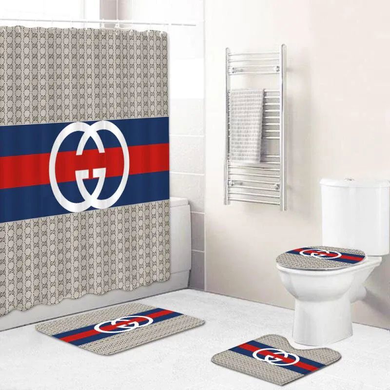 Rugs in living room and bedroom - Gucci stripe bathroom set hot 2023 luxury shower curtain bath rug mat home decor 221 Bathroom Accessory Sets