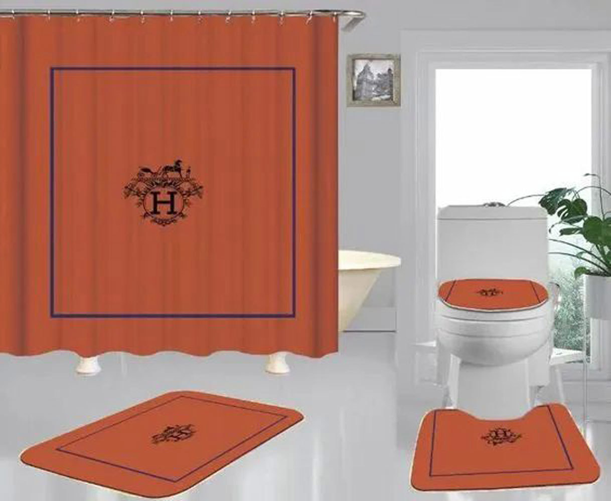 Rugs in living room and bedroom - Hermes paris orange bathroom set hot 2023 luxury shower curtain bath rug mat home decor 305 Bathroom Accessory Sets