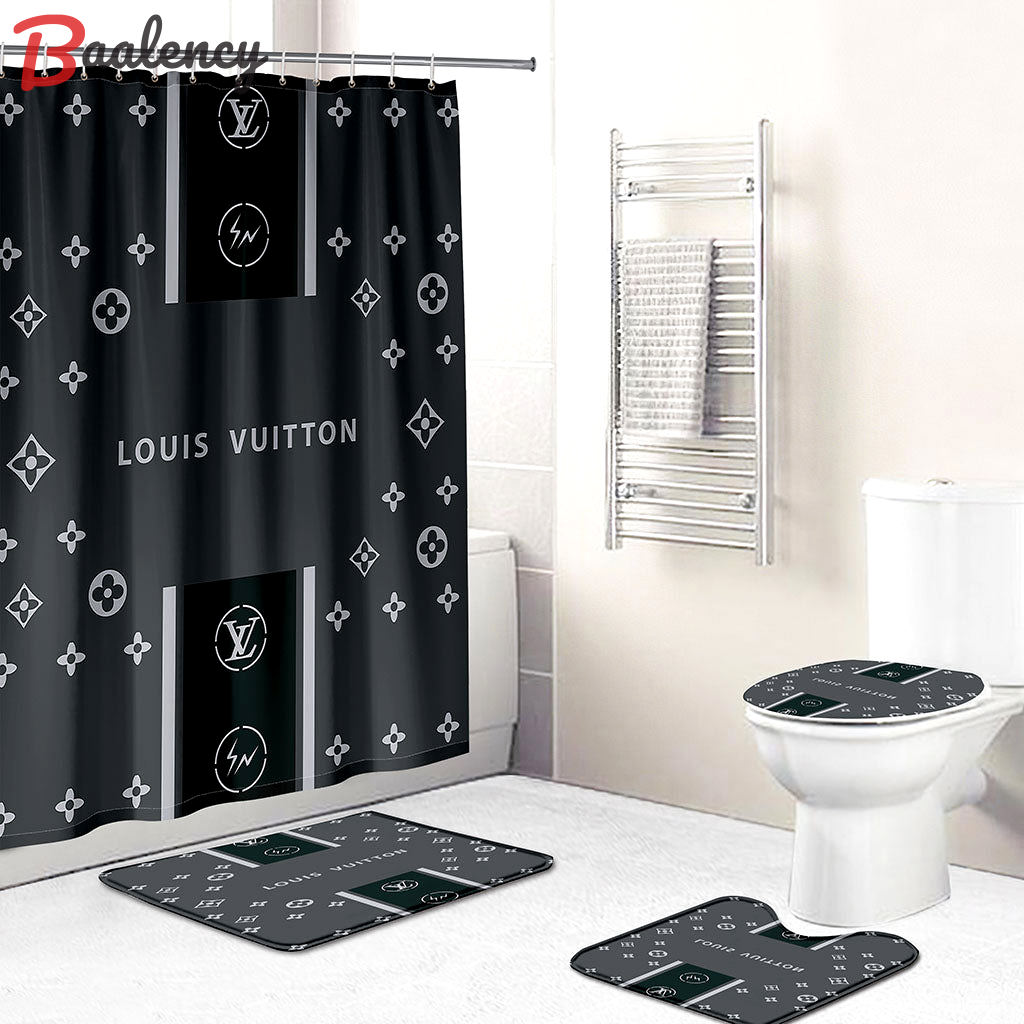 Rugs in living room and bedroom - Louis vuitton lv dark bathroom set hot 2023 luxury shower curtain bath rug mat home decor 127 Bathroom Accessory Sets