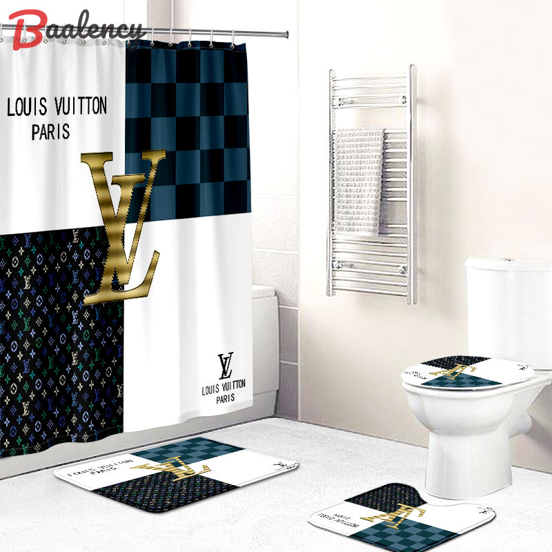 Rugs in living room and bedroom - Louis vuitton lv golden bathroom set hot 2023 luxury shower curtain bath rug mat home decor 144 Bathroom Accessory Sets