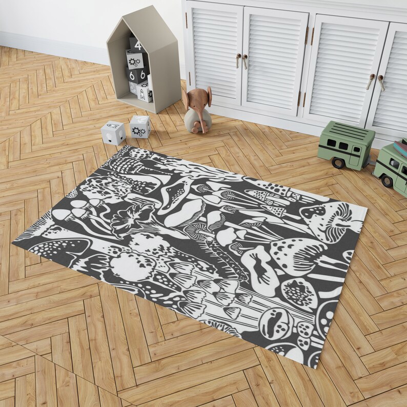 Rugs in living room and bedroom aimee wilder wallpaper - mushroom city designer contrast rug - black and white forest mushroom rug- wall decor area rug- carpet floor rug Rectangle Rug