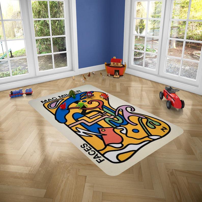 Rugs in living room and bedroom mac miller rug - faces throw rug - abstract music rug- music album rug- hiphop rug- rapper rug- mac miller lover gift- album print rug Rectangle Rug