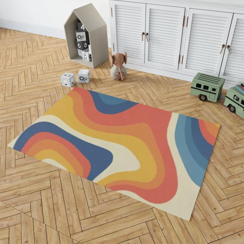 Rugs in living room and bedroom vintage retro area rug - wavy groovy carpet - orange groovy rug- rugs for bedroom aesthetic- groovy colour pattern carpet- groovy design rug Rectangle Rug